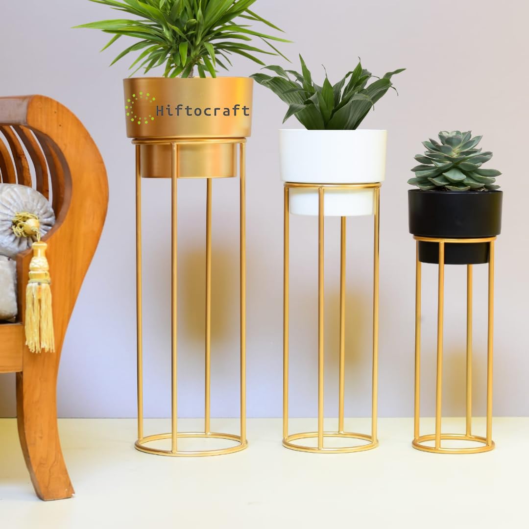 Hiftocraft Modern Metal Decorative Floor Standing White And Gold Indoor Outdoor Plant Stand With Pot For Home Decor Living Room Office Bedroom Balcony (Set Of 3) (Multicolor) (B0BFG14TWX) Amazon Price History, Amazon Price Tracker
