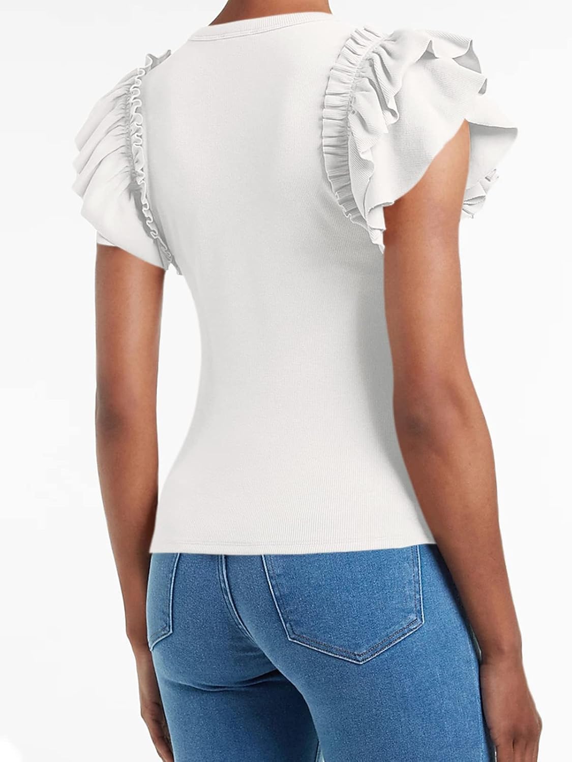Womens Ruffle Short Sleeve Shirts Slim Fit High Neck Knit Ribbed Tops - Image 3