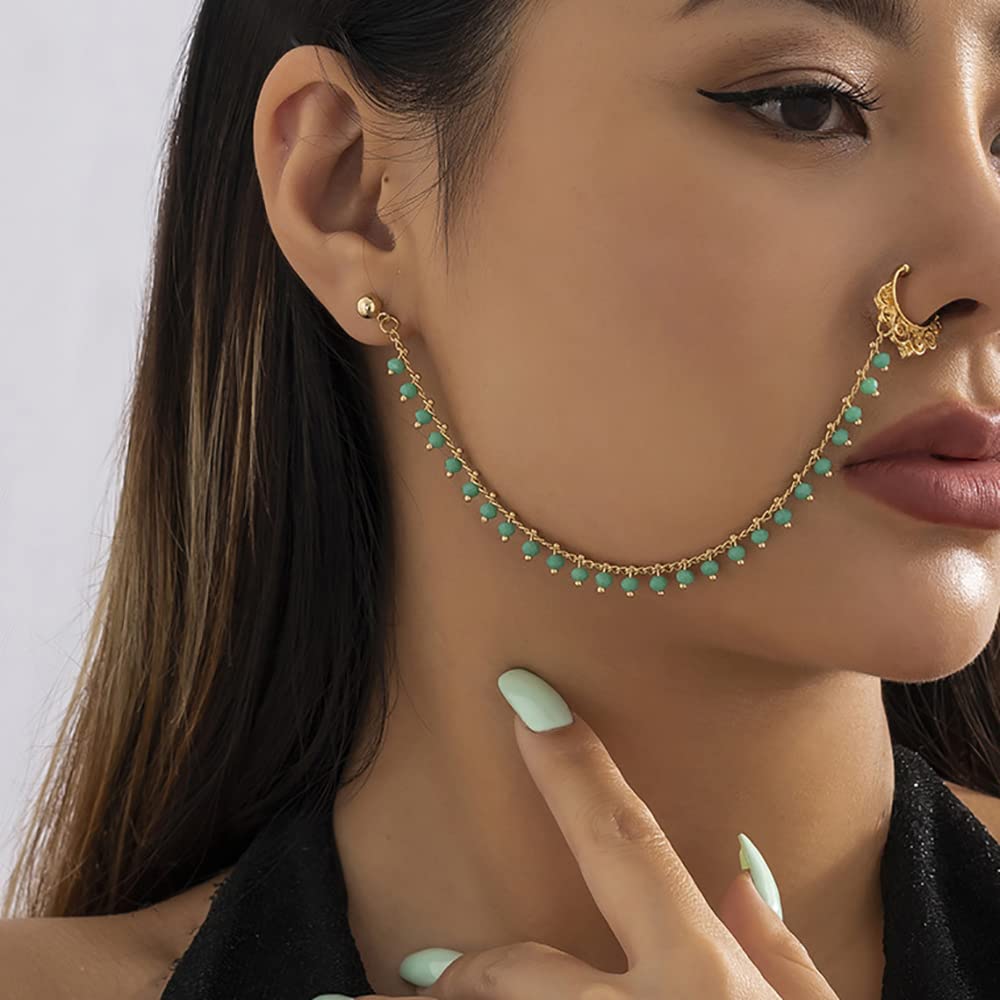 DeniferyBead Nose Rings Hoop Chain Fake Septum Ring Non Piercing Nose Rings with Chain Nose to Ear Chain Nose Ring Body Jewelry for Women (Green)