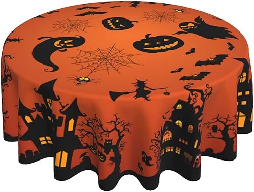 Miniatura 2 de Gianlaima Mantel redondo de tela de araña de Halloween, diseño de calabaza, murciélago, bruja, impermeable, lavable, para el hogar, restaurante,