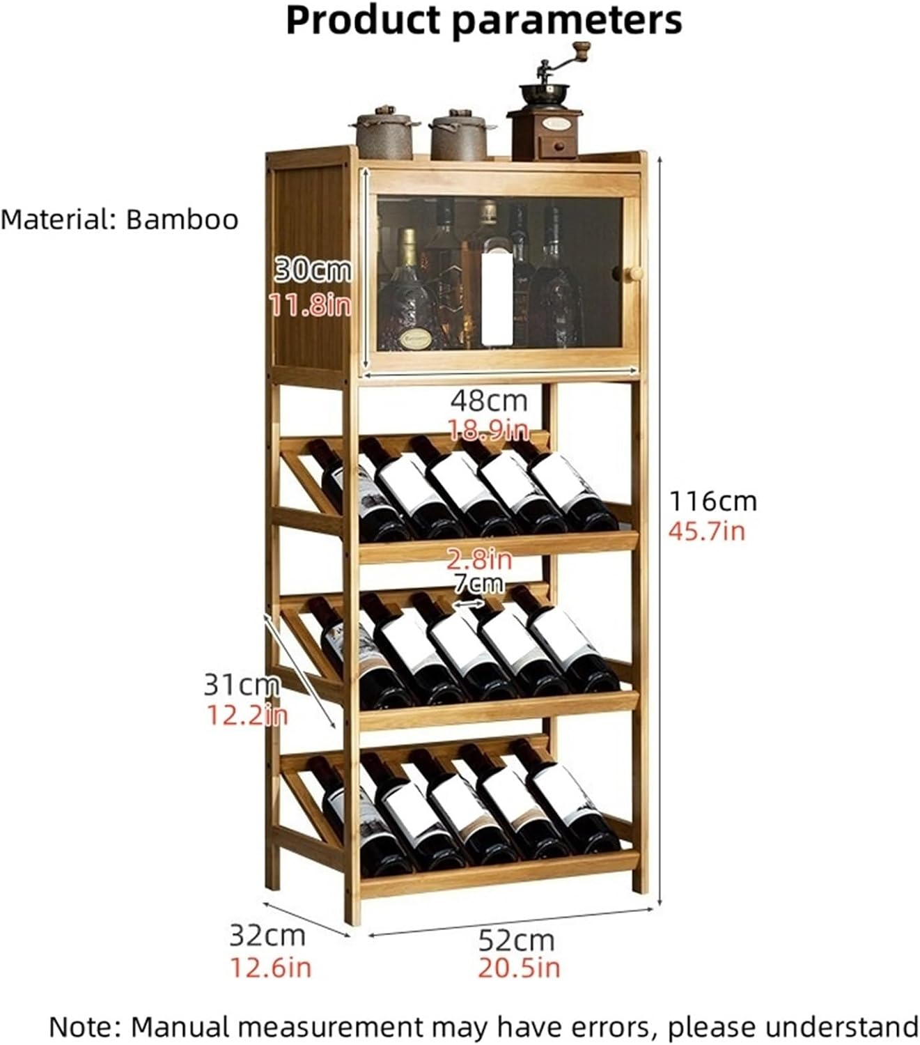 4 Tiers Display Wine Storage Shelves with Table Top Wine Rack Free Standing Floor Wine Cabinet Bamboo Pub Cabinet Wine Rack Shelf for Kitchen Pub Dining Room Solid Construction(Natural,116cm)