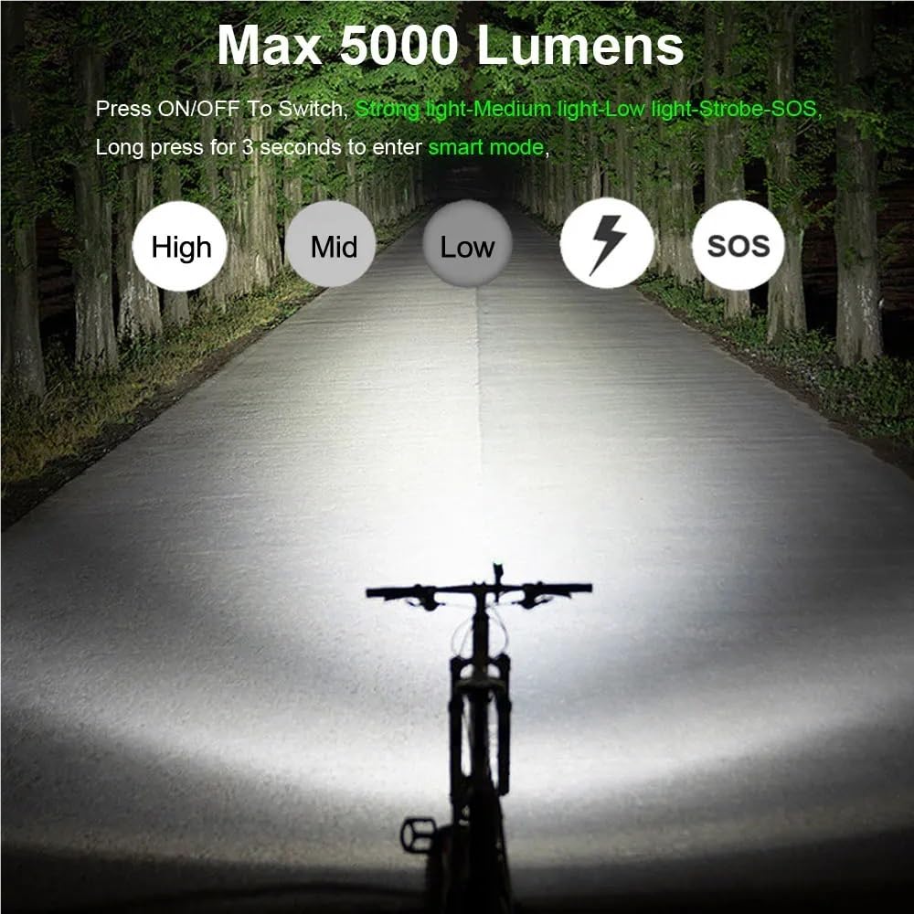 Inteligentne światło rowerowe, indukcyjne, 5000 lm, ładowane przez USB, 6 diod LED, 4800 mAh, wodoszczelne
