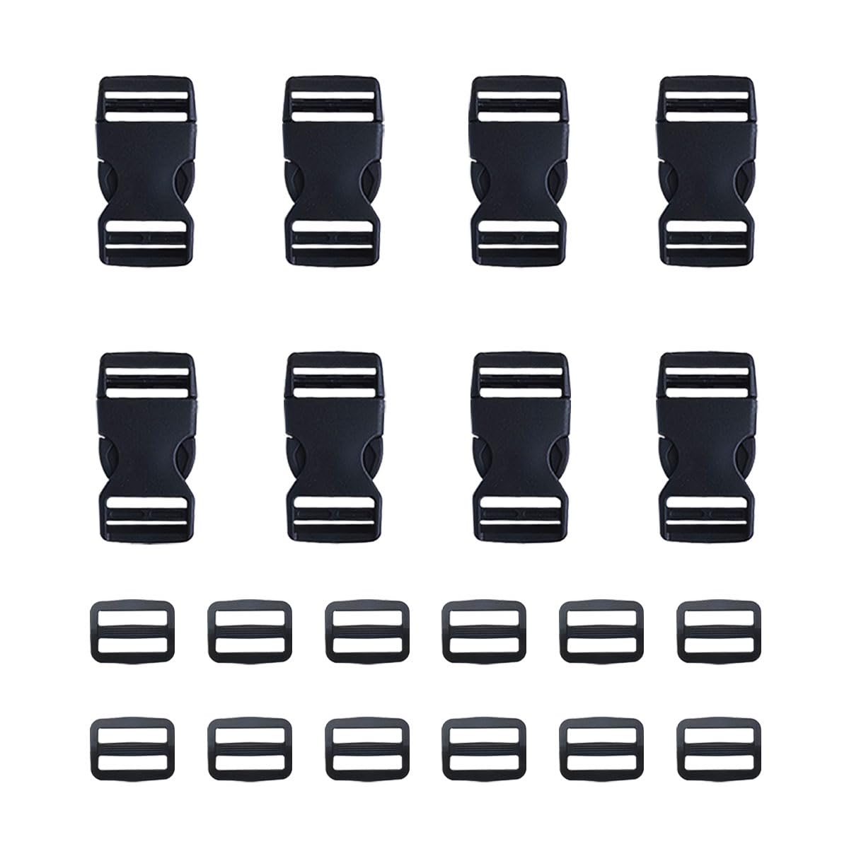 Zucosue 24pcs Buckle Set: 8pcs 1.18" Side Release Buckles + 16pcs 1.3" Tri-Glide Slides, Heavy Duty Plastic for Backpack Straps, Belt Repair, DIY Crafts (Black, Fits 1 Inch Webbing)