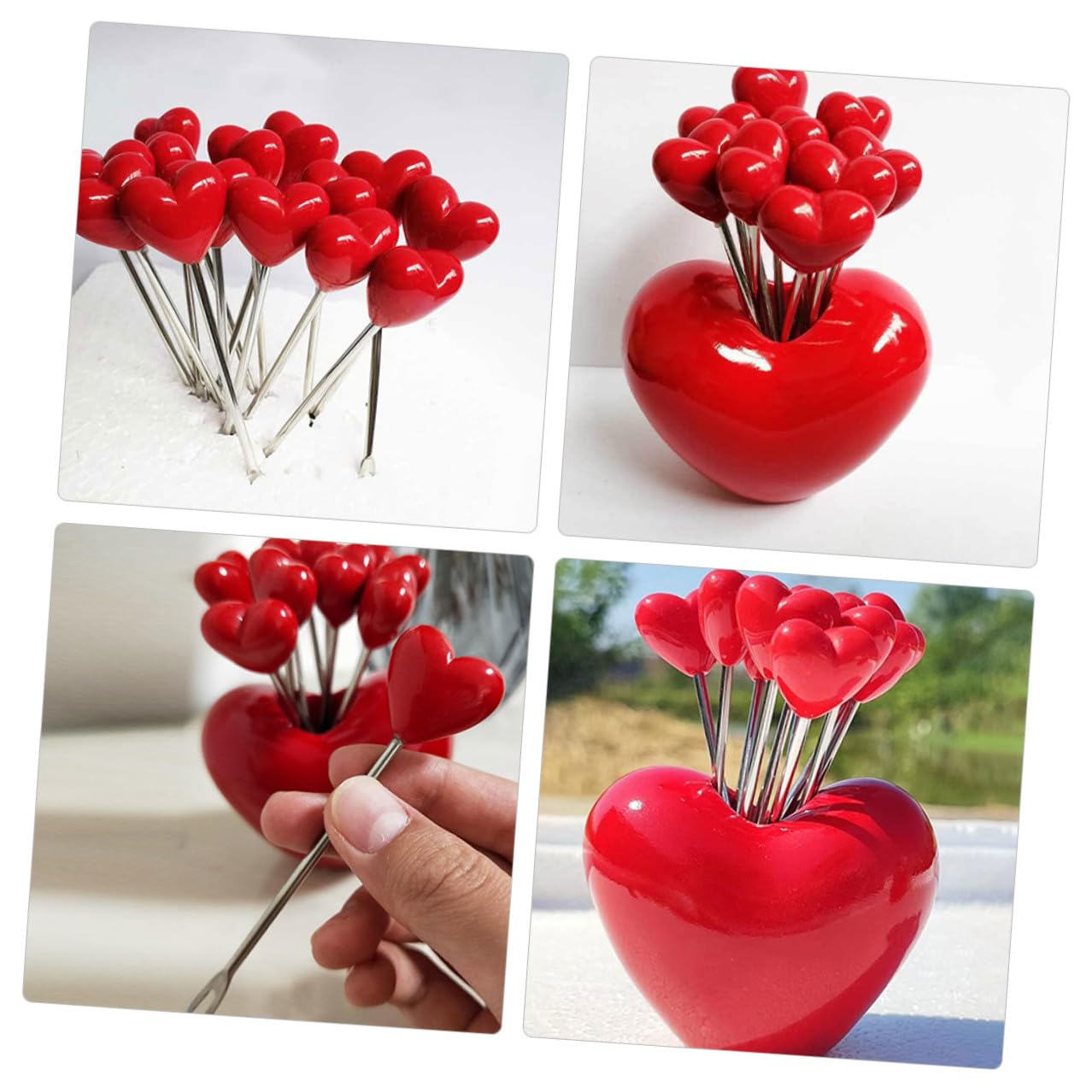 Set da 10 Mini Forchette da Frutta in Metallo e Resina con Supporto a Forma di Cuore Forchettine da Dessert e Antipasti per e Uso Domestico