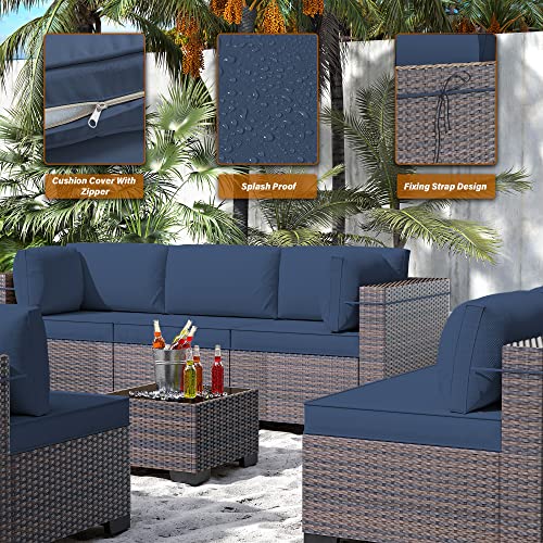 Image of 14 Pieces Outdoor Patio Furniture Set,Outdoor Sectional Furniture All Weather PE Rattan Wicker Patio Conversation Set with 2 Coffee Tables and 12 Thickened Cushions,Navy Blue