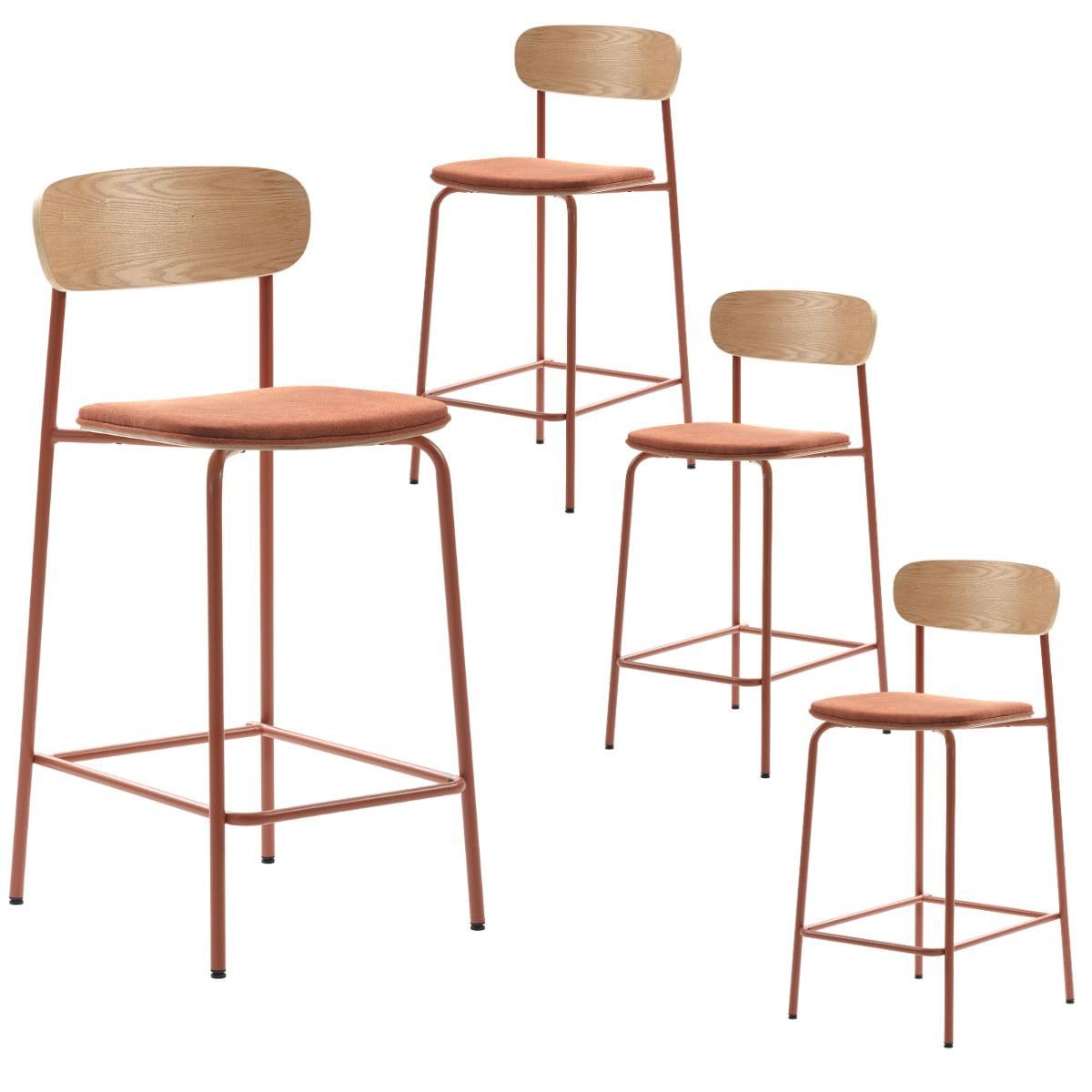 Tabourets de bar lot de 4 dossier bois assise tissu brique pieds métal RIDILA