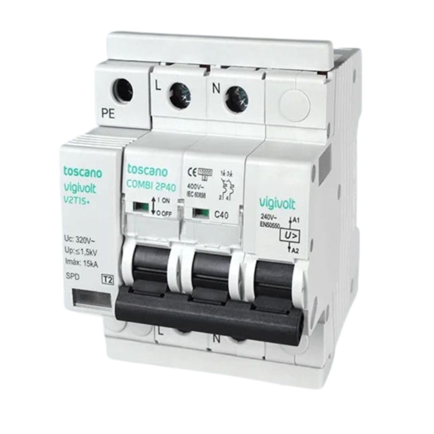 Rasmacor | Tóscano Protector Sobretensiones Transitorias y Permanentes 2P 40A COMBI-2P40T15 Toscano | No instalar en líneas sin Neutro 240V | IGA 10kA | Imax 15kA | Montaje en Rail DIN