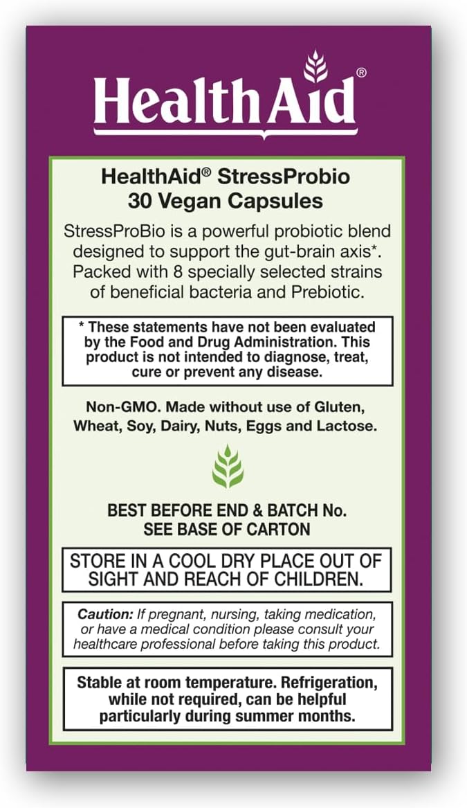 HealthAid StressProbio Gut-Brain Probiotic – 30 Billion CFU, 8 Strains + Prebiotic – Supports Digestive Health & Helps Maintain a Balanced Mood – Acid & Bile Resistant, Vegan – 30 Capsules*
