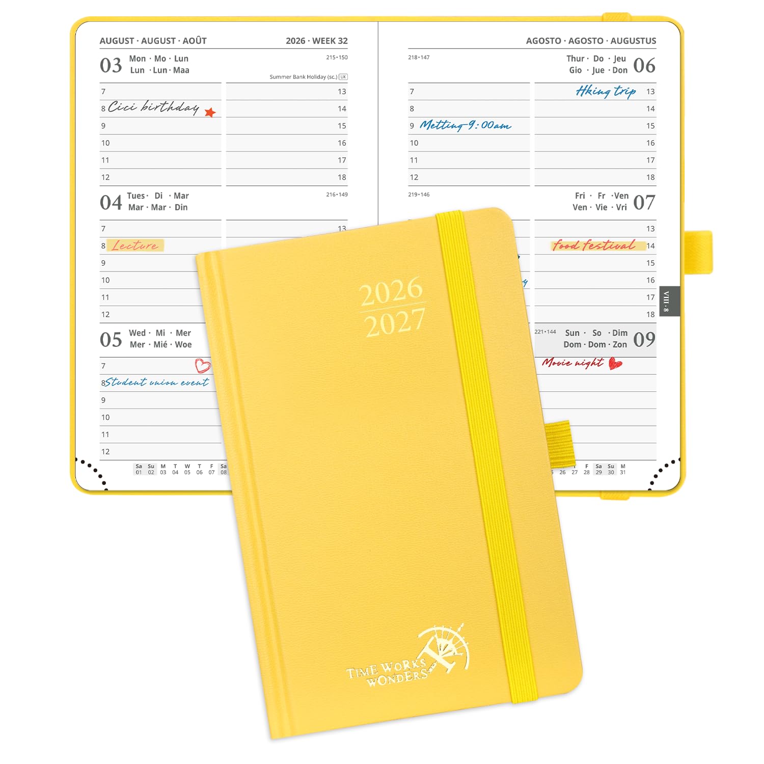 POPRUN Pocket Academic Diary 2026-2027 Small Hardback A6 (16x10.5 cm) Week to View 17 Months (Aug'26 - Dec'27),Mid Year Weekly Planner, Inner Pocket(Light Yellow)