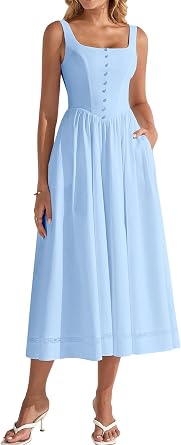 HTZMO Women Summer Wedding Guest Formal Midi Dresses 2026 Lace A Line Flowy Casual Boho Vacation Party Sundress Pockets