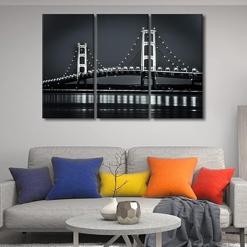 Miniatura 4 de TUMOVO Lienzo decorativo para pared con diseño de puente de Michigan Mackinaw, arte de pared, 3 paneles, decoración de pared, blanco y negro, para