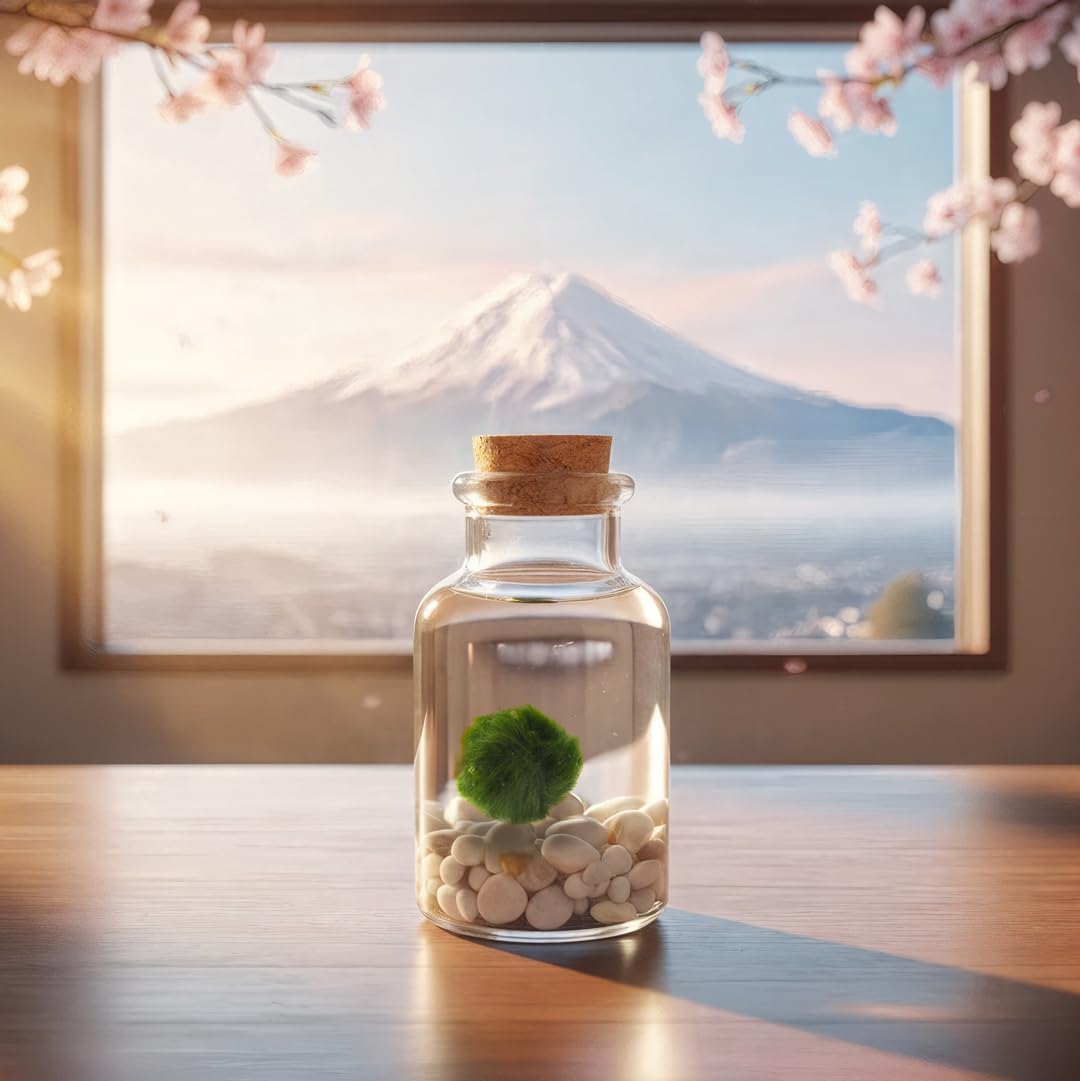 KAKI «La felicidad está en las pequeñas cosas» Kit Marimo en botella individual – Fondo blanco, jarrón de cristal con tapón, hecho a mano en Italia, diámetro 4 cm, altura 11 cm