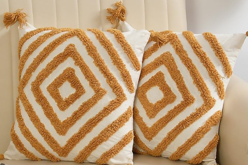 Image of TIB Premium Boho Decorative Throw Cushion Covers, 16 x 16 cm, Set of 2, Cotton. (Yellow Square)-230 TC