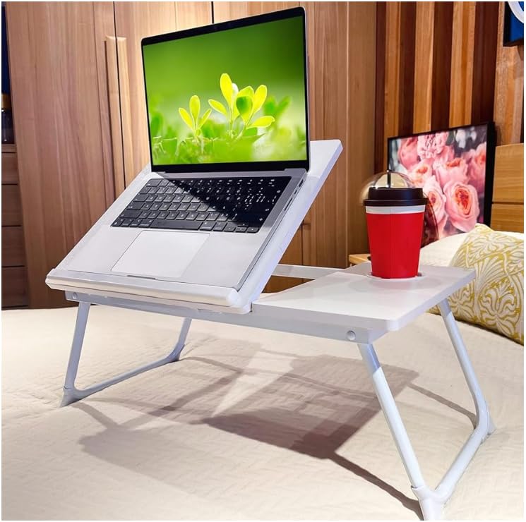 Image of Foldable Laptop Bed Table, White, Adjustable Tilt Top with Cup Holder and Tablet Stand, Portable Lap Desk