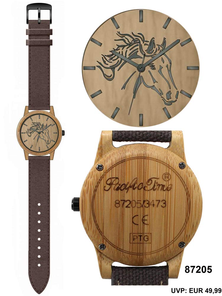 Pacific Time Damen Armbanduhr Pferd Holz Canvas Uhrenarmband Textil braun analog Quarz 87205