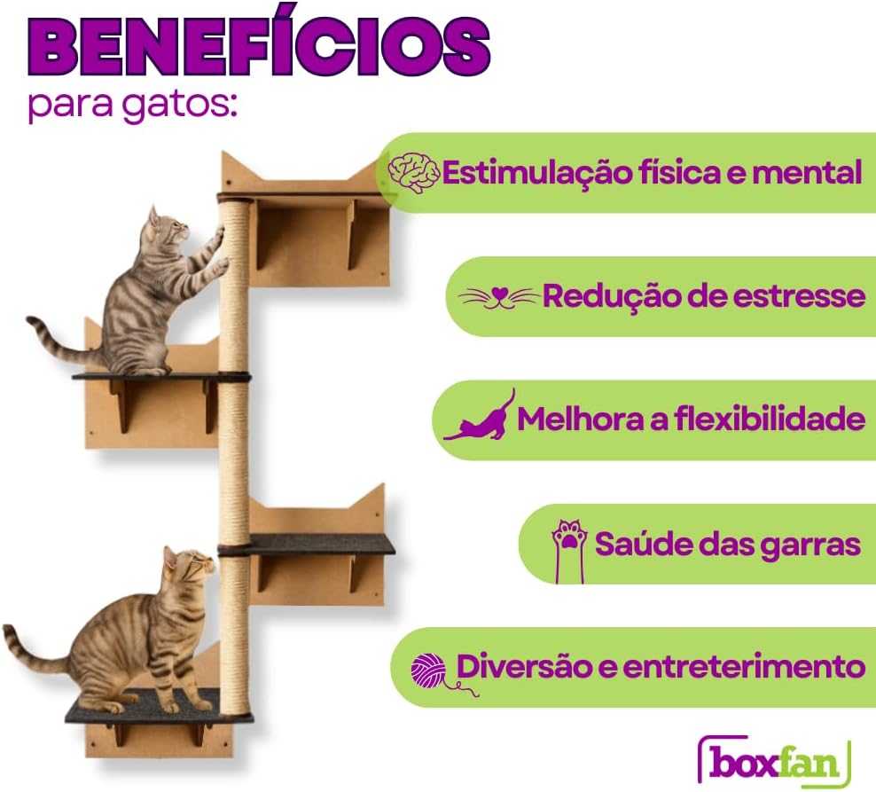 BOXFAN Conjunto Escalador Gato de Parede com Prateleiras Antiderrapante Poleiros Escada para Gatos Filhotes e Adultos Brinquedo Interativo Arranhador Sisal Playground Gatos Escalada (4 prateleiras)