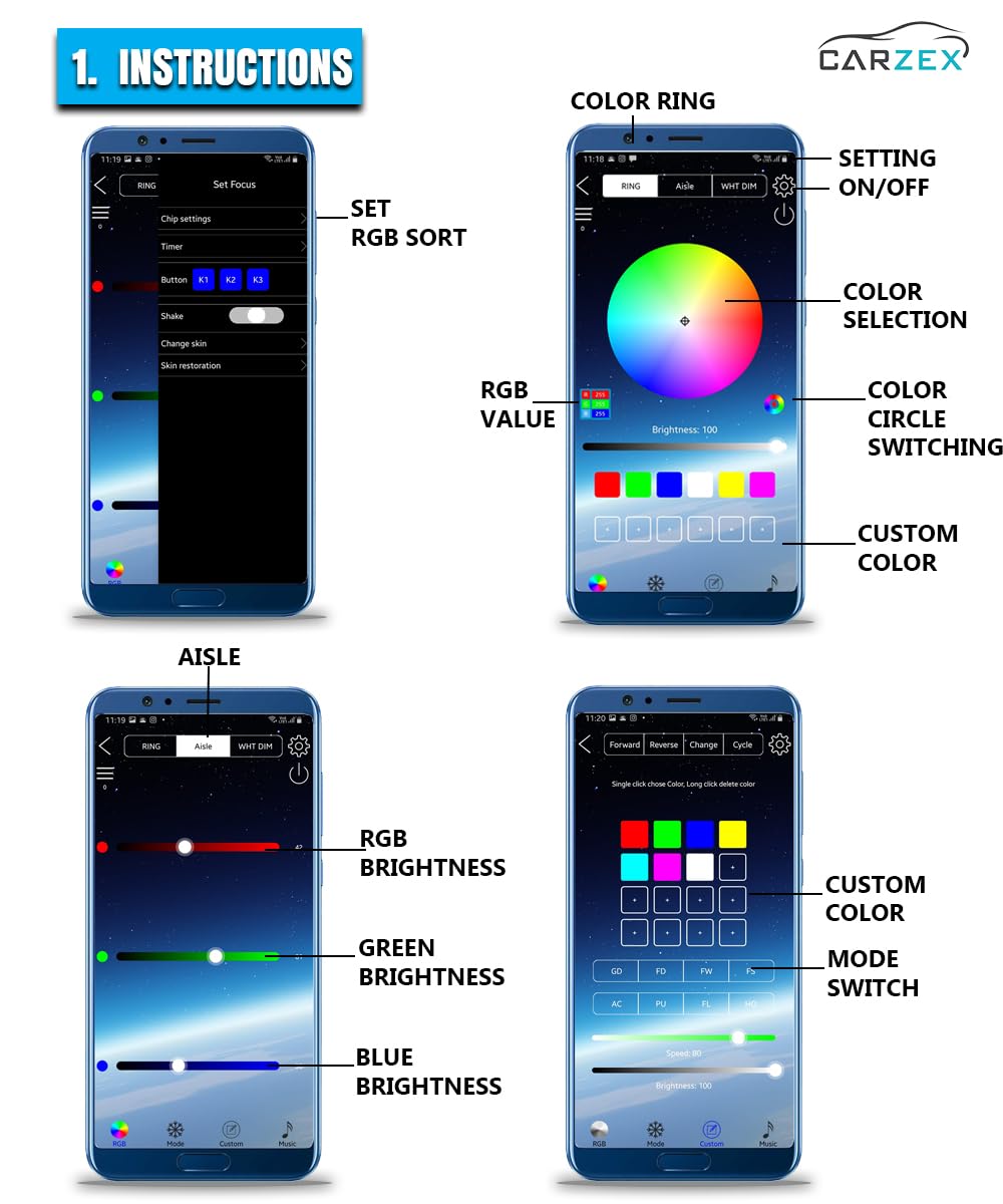 Carzex® K4 Multi-Color Matrix Interior Ambient Light for Car Dashboard – App Controlled, Magic Running Atmosphere Light (110cm & 25cm, Pack of 2) - Image 6 thumbnail