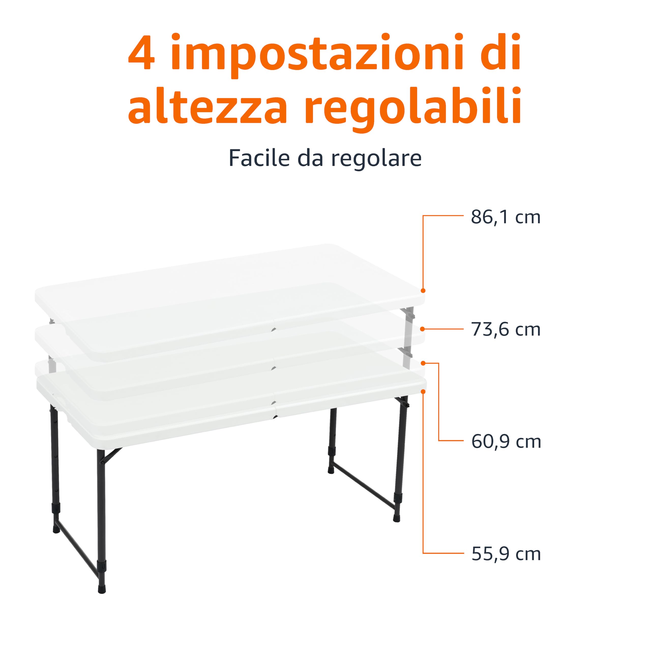 Amazon Basics Tavolo pieghevole rettangolare, 1,2 m, 4 regolazioni di altezza, portatile, con maniglia, per interni ed esterni, leggero, da viaggio, picnic, campeggio, bianco, 121,4 x 60,7 x 86,1 cm