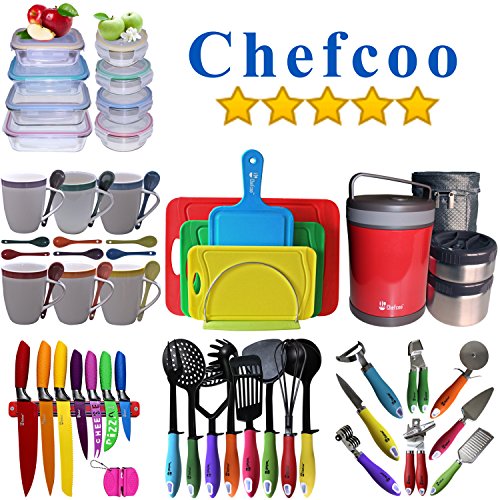 Chefcoo Kitchen Knife Set Plus Magnetic Strip and Sharpener One Cutlery Knives-Best Color Cooking Gadgets-Includes Cheese, Pizza, Paring, 14.5 x 10.9 x 1.5 inches, Red, Yellow, Blue, Green, Pink