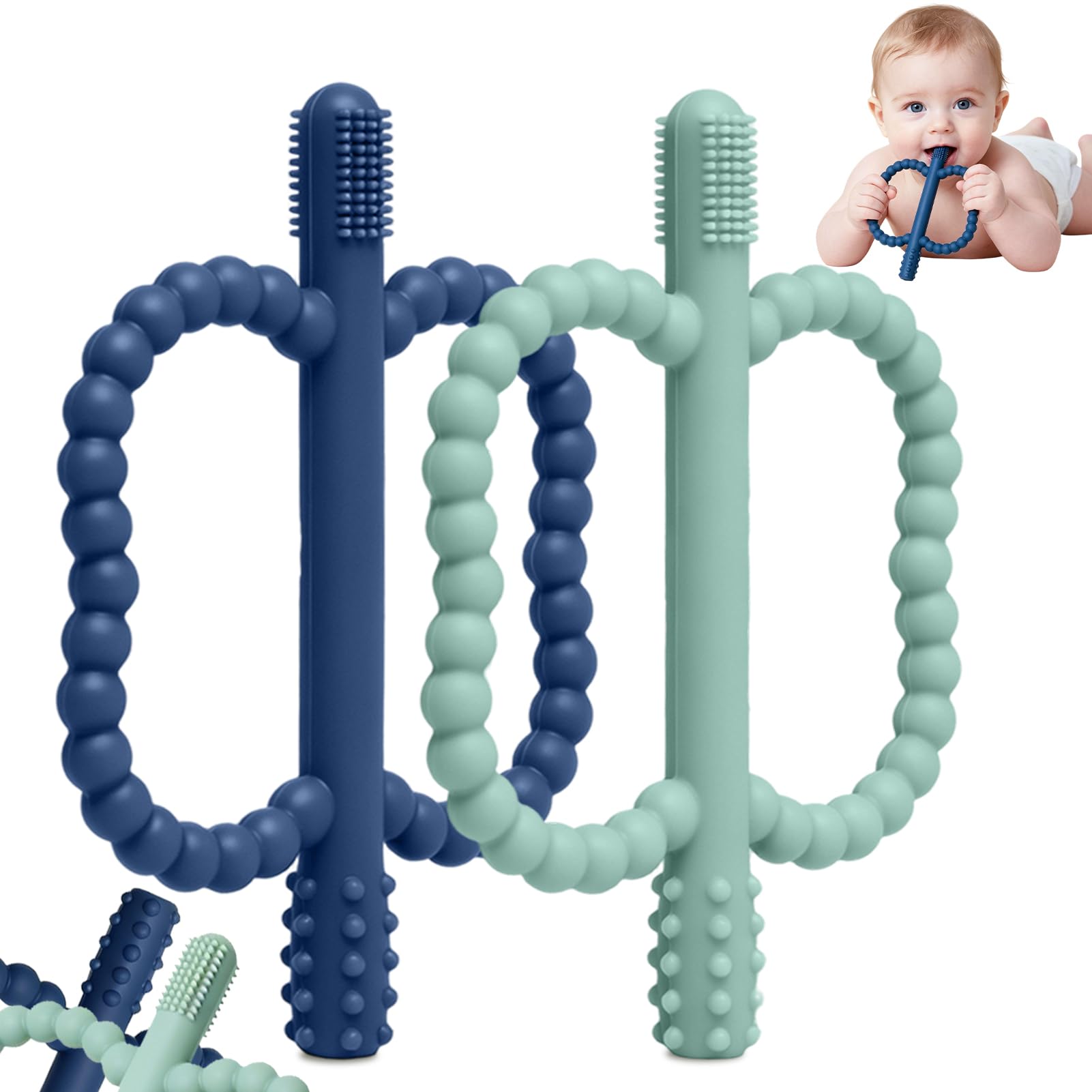 BelleStyle Teething Toys for Baby, 2PCS Silicone Teethers for Babies 3 6 12 Months, Easy to Grip Teething Ring Baby Chew Toys for Newborns Infant Boys Girls, Dual-Head Design Teether - Blue & Green