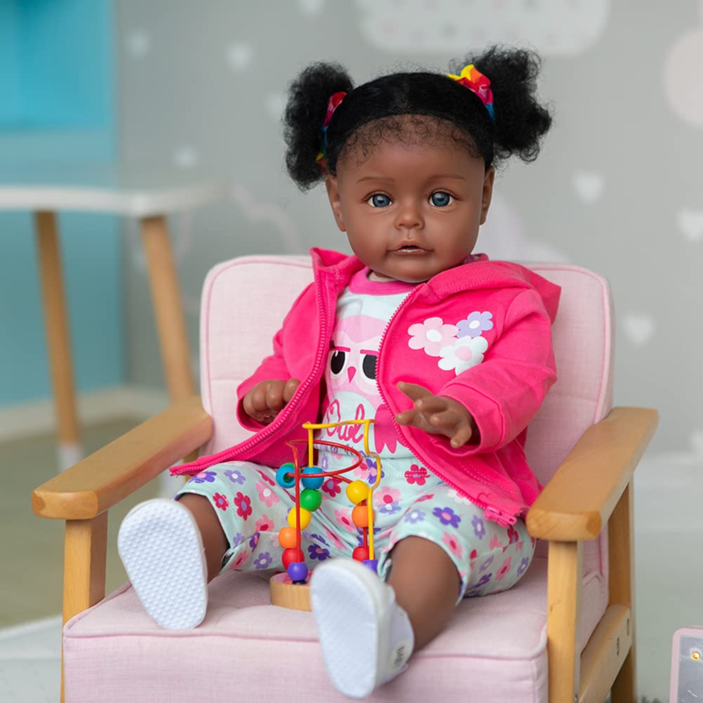 Lonian 24inch 60CM Reborn Toddler In Dark Skin African American Baby Girl Doll Rooted Long Curly hair Handmade doll