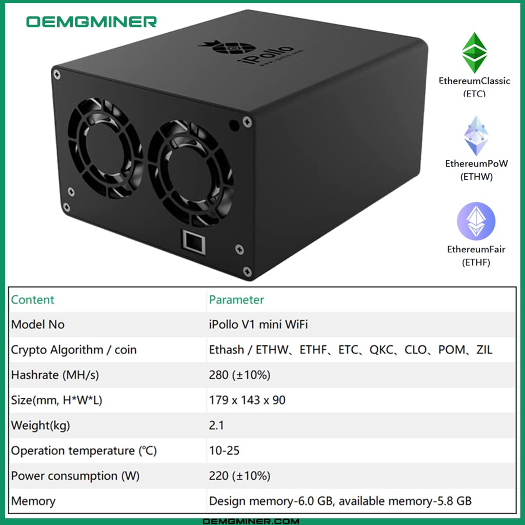 Amazon | OEMGMINER iPollo V1 Mini WiFi 280M ETC Miner 280MH/s 220W 6G 暗号通貨  Ethash/ETHW/ETHF/ETC/QKC/CLO/POM/ZIL WiFiバージョン | OEMGMINER | PCパーツ 通販