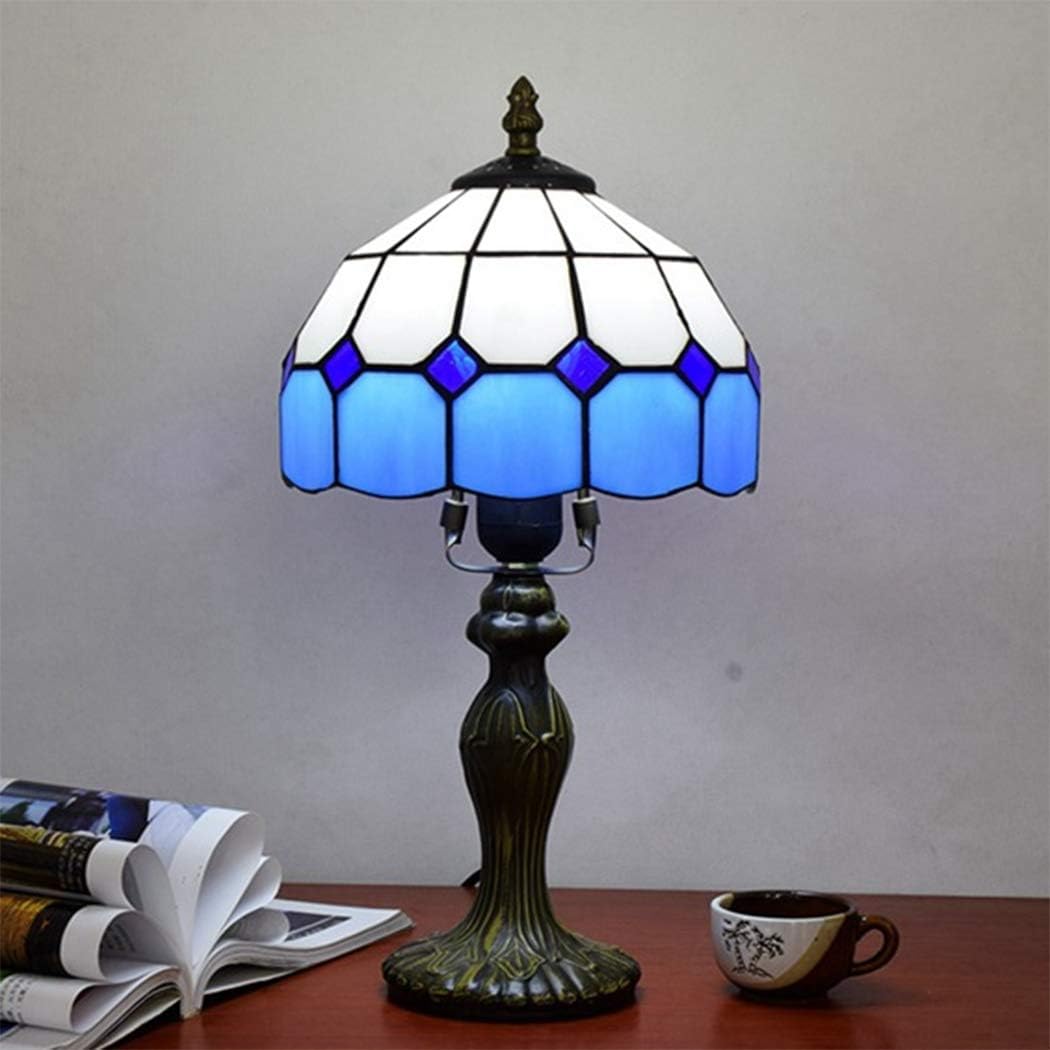 Tiffany Style Mediterranean Table Lamp Light Blue Lattice Stained Glass 8 Inch Shade Bedroom Desk Lamps Antique Zinc Base for Office Lighting
