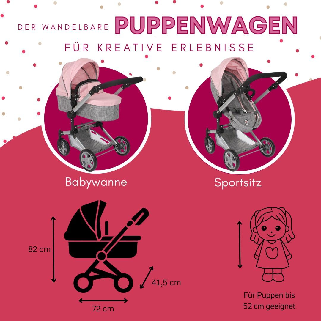 Bayer Chic 2000 Puppenwagen Linus | 2in1 Kombi-Buggy Melange Grau-Rosa | Großer 2in1 Kombi-Puppenwagen mit umwandelbarer Wanne für Puppen bis 52 cm. Melange Grau-Rosa, hoher Griff 47-78 cm.