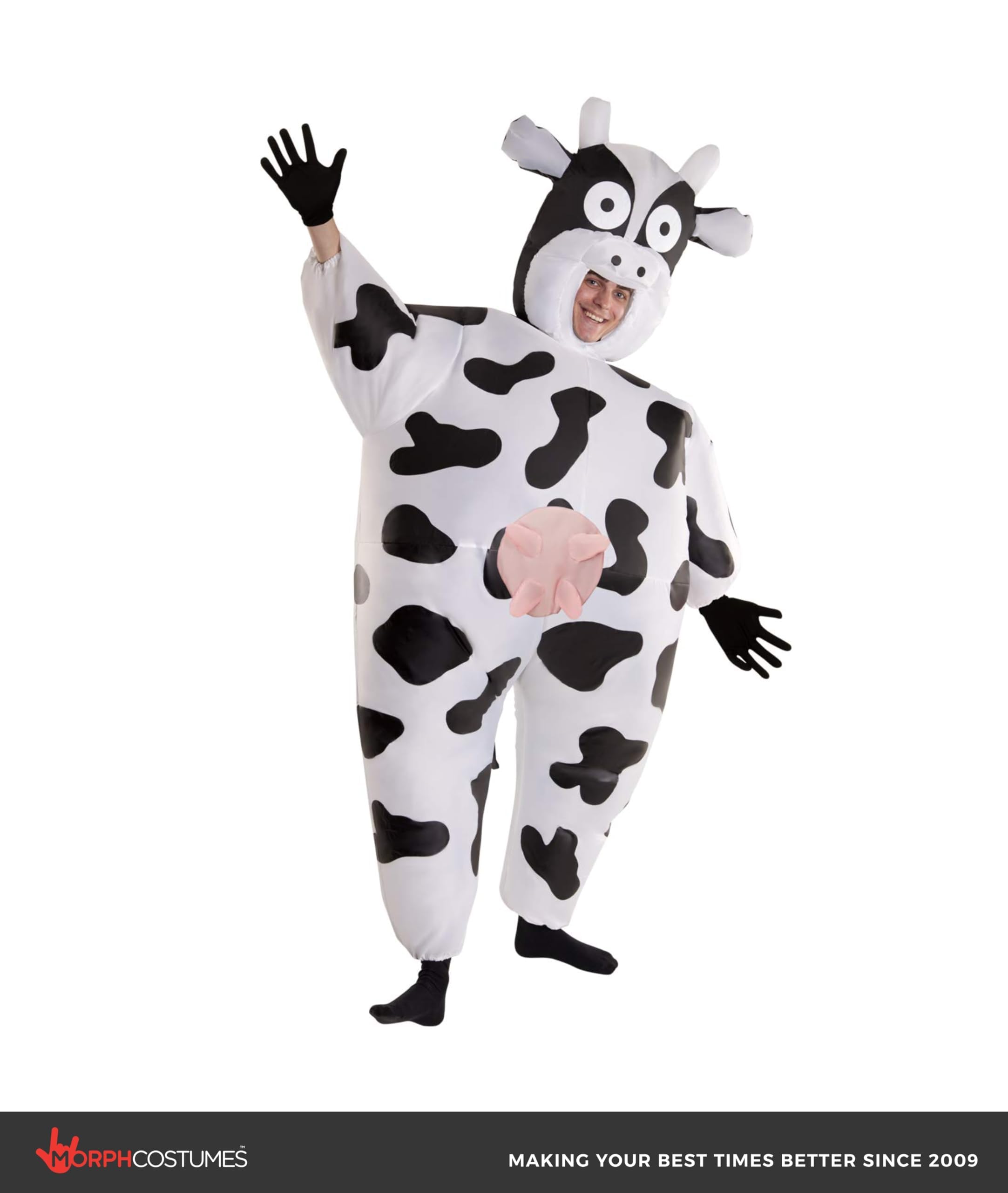 MORPH Disfraz Vaca Hinchable Adulto, Disfraces Vaca Mujer, Disfraz Inflable para Carnaval y Halloween, Talla única | Traje Blanco con Manchas & Guantes, Ventilador de Batería, Se Infla en Segundos, Perfecto para Halloween, Siempre un Éxito