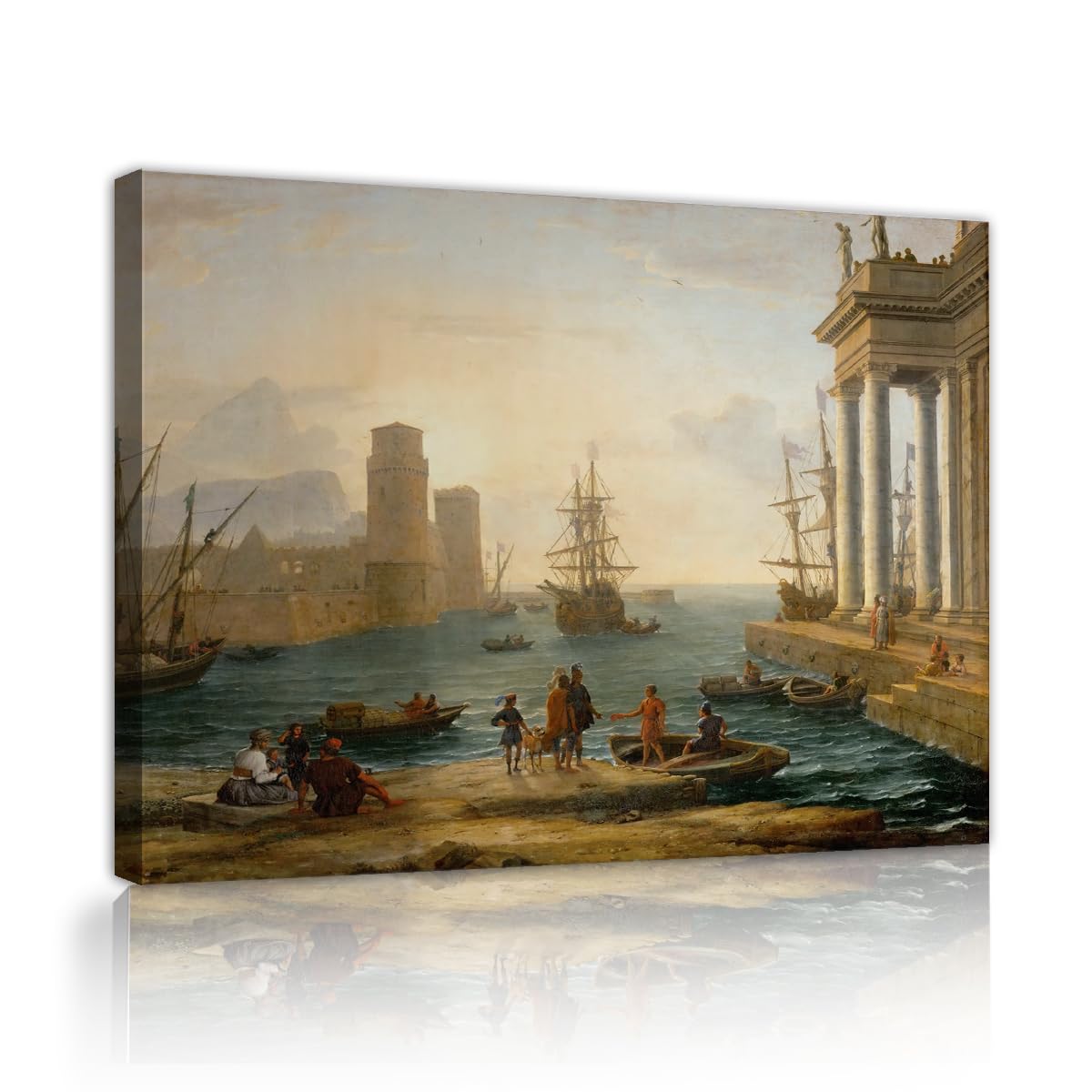 TOANGWALL Vintage Harbor Ships Canvas Wall Art Dining Room Claude Lorrain Embarkation of Ulysses Famous Painting Framed Poster for Lounge Decor 80x95cm