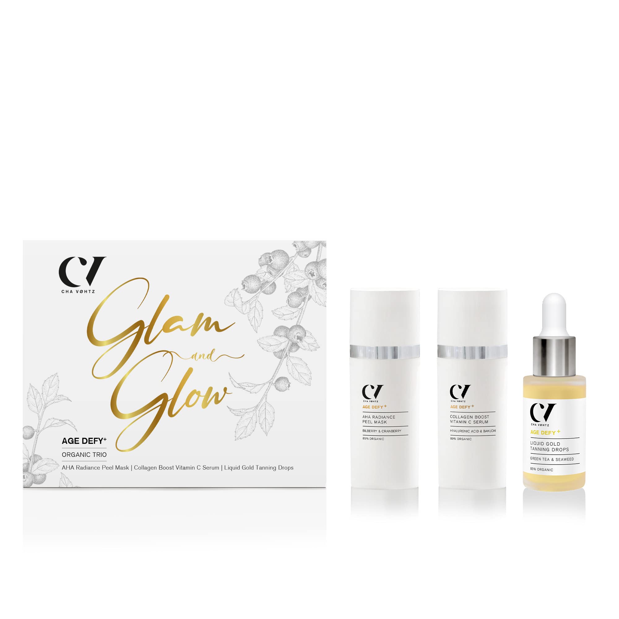 Age Defy+ Glam and Glow Organic Trio | Natural & Anti-Ageing Facial Gift Set by Cha Vøhtz | AHA Mask, Vitamin C Serum Tanning Drops | Paraben Free Ethyl Alcohol | Cruelty Vegan, white