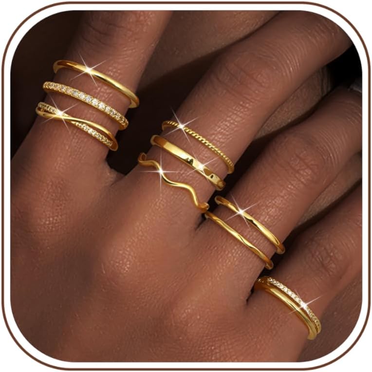 Tungary Gold Stackable Rings for Women Non Tarnish Open Adjustable Thin Thumb Silver Rings 14K Gold Plated Stacking Cubic Zirconia Knuckle Pinky Ring Set Dainty Statement Promise Wedding Band Ring