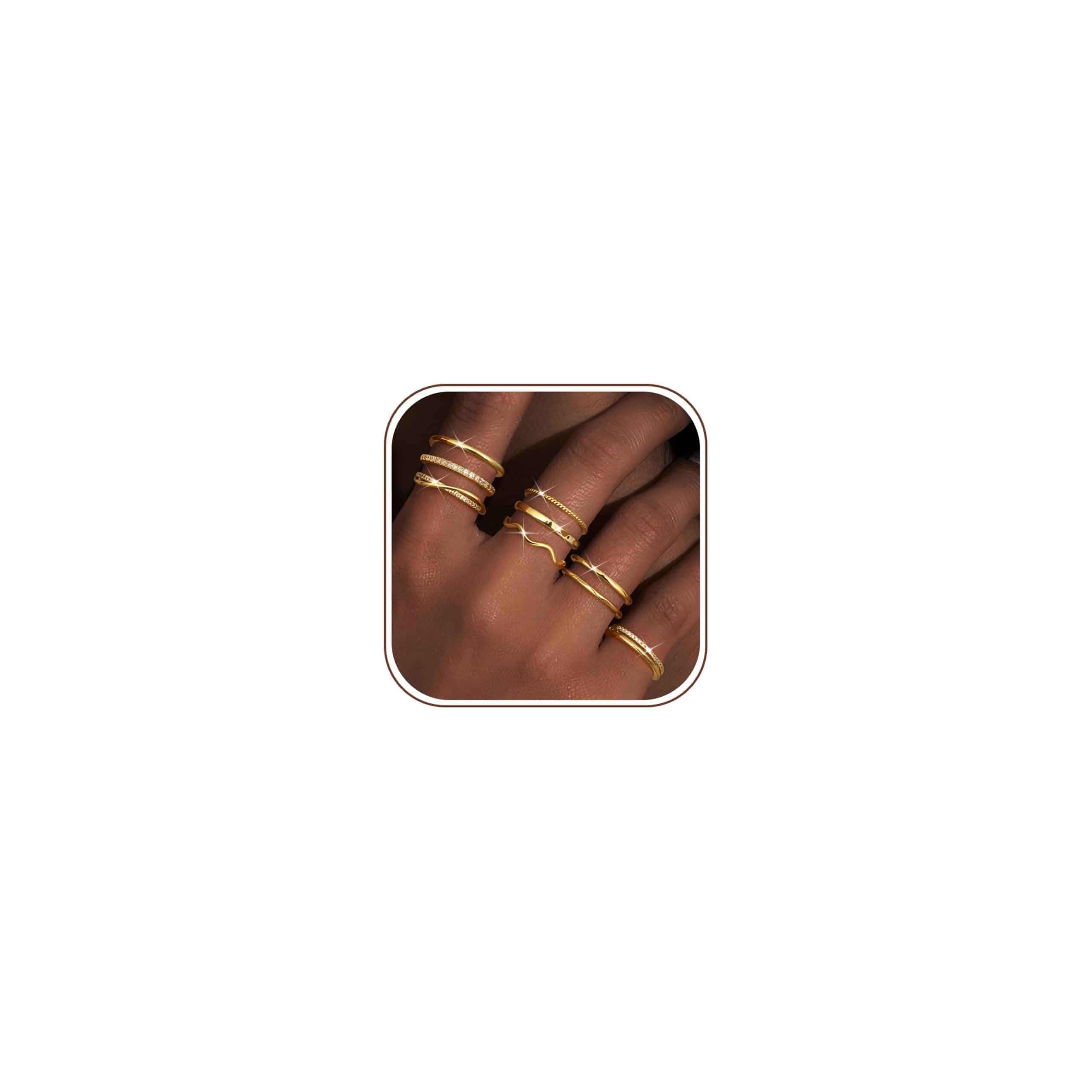 Tungary Adjustable Stackable Rings for Women Non Tarnish CZ Ring Set 9 Pcs Open Ring Set, Hypoallergenic, Waterproof, Statement Thumb Knuckle Pinky Rings, Promise Wedding Ring, Gold/Silver Rings