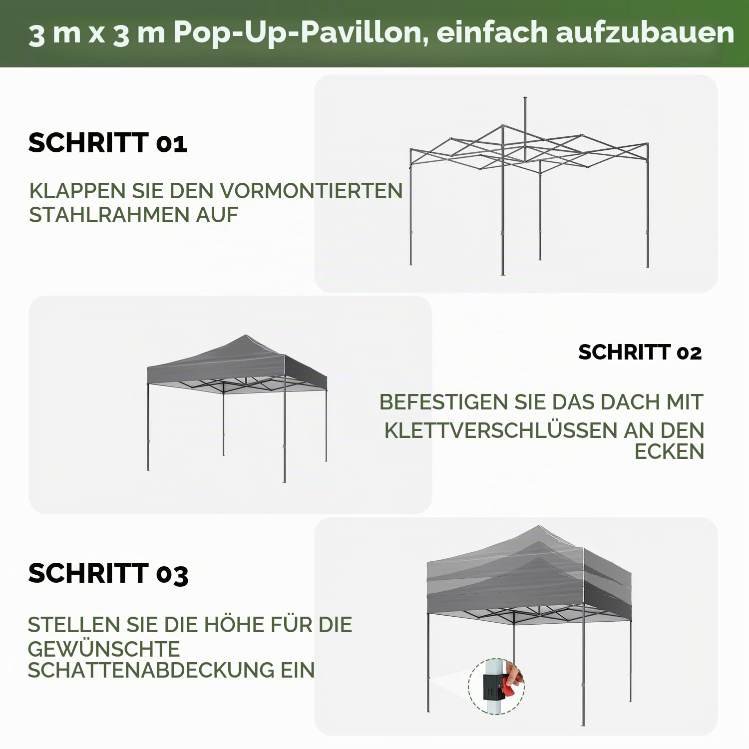 Aoxun Faltpavillon 3x3m Wasserdicht Pop Up Pavillon Rollentasche | Wasserdichter 3x3m Pop Up Faltpavillon mit Rollentasche und Sandsäcken für schnellen Schutz im Garten oder beim Camping