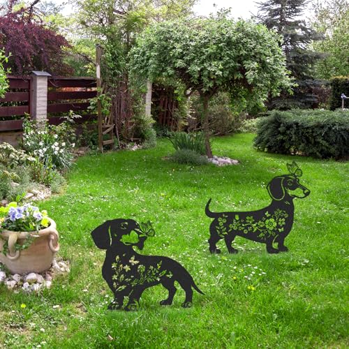 Metall-Gartenstecker mit Schmetterling, Motiv: Dackel, 2 Stück, Hunde-Silhouette, Hofdekoration
