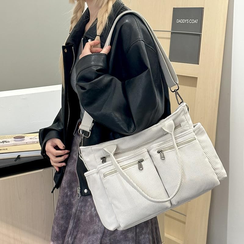 Corduroy Crossbody Tote Bag for Women Cute Shoulder Bag Large Messenger Bag Commuter School Purse Handbag Work Multi Pocket(white) - Image 3