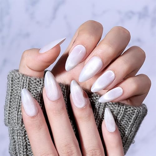 30PCS Press on Nails Medium Almond French Tip Fake Glitter