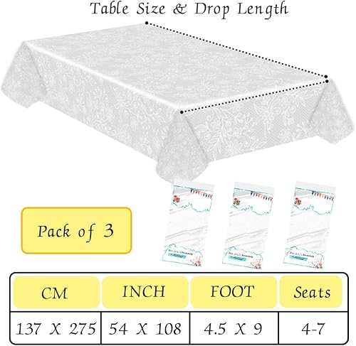 Miniatura 3 de SietDESEO Paquete de 3 manteles de encaje de plástico para mesas rectangulares, 54 x 108 pulgadas, impermeables, desechables, para bodas, fiestas,