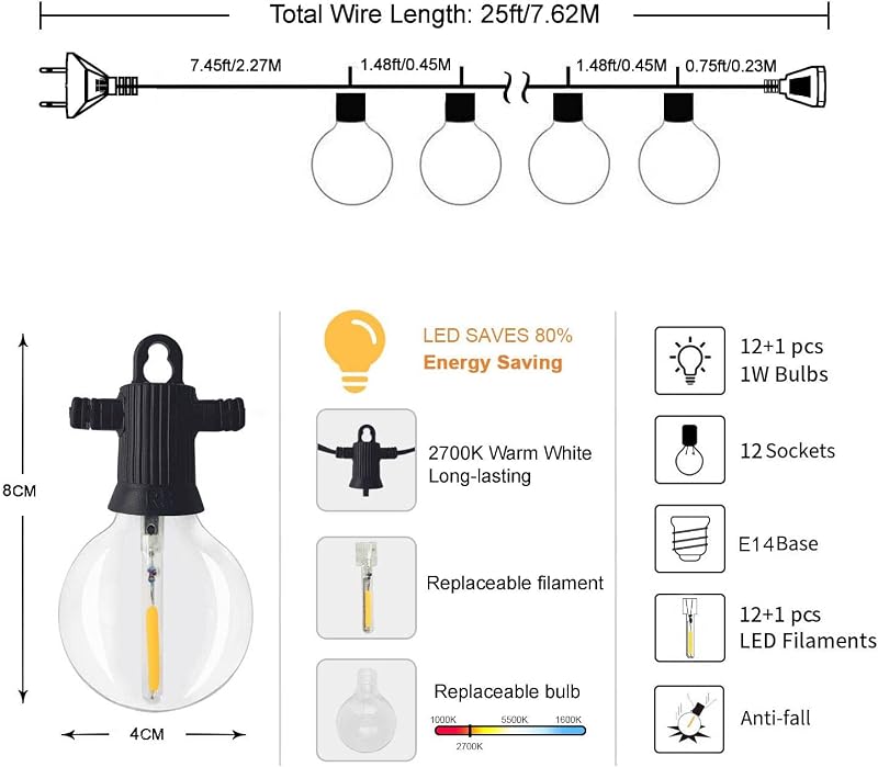 ZOTOYI 45m Napelemes LED Fényfüzér - IP65 Vízálló, Törhetetlen Gömbizzók Kertbe, Teraszra, Szabadtérre, Meleg Fehér Fénnyel, Energiatakaréko