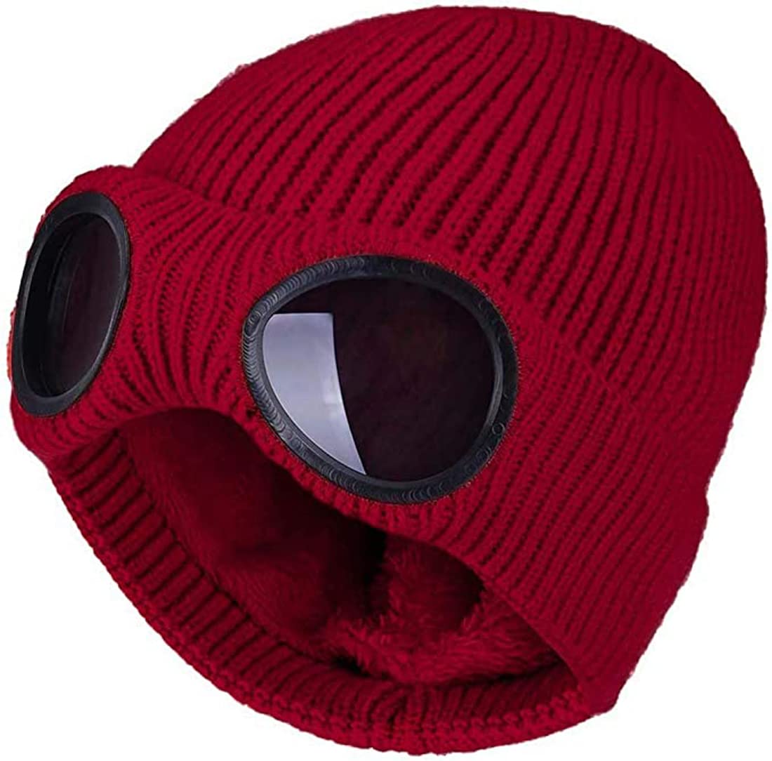 XRDSS Unisex Goggle Beanie Knitted Winter Chunky Beanie Hat (Wine Red)