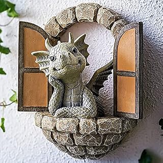 Beenle-Icey Courtyard Dinosaur Sculpture Wall Decoration, Weatherproof Resin Statue Miniatures, Little Dragon Meditating in Front of The Window Art Figurines Decor Ornaments for Patio Yard Garden