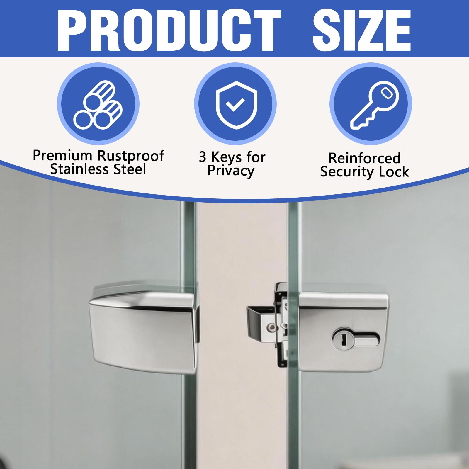 BRGD Poignée Unilatérale Serrure de Porte en Verre, Ensemble de Poignée de Porte en Acier Inoxydable avec 3 Clés pour Portes Vitrées, de Bureau, Salle de Bain ou de Balcon