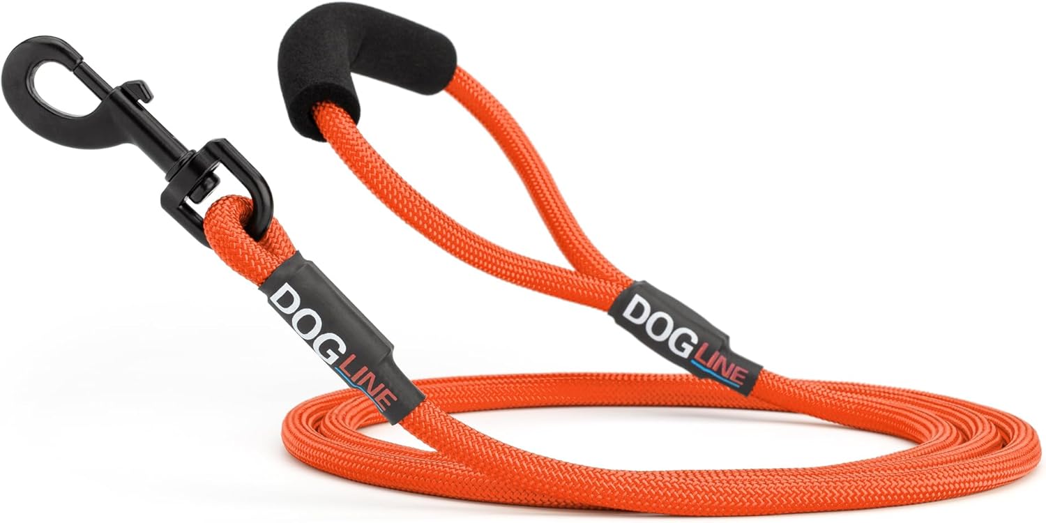 Dogline Round Nylon Leash - Heavy Duty Dog Rope Lead with Soft Neoprene Handle for Small, Medium and Large Dogs, W 1/2" x L 6 ft - Orange