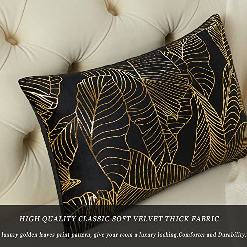 Gigizaza Decorative Throw Lumbar Pillow Covers,Velvet Black Gold Leaves 12X20 Couch Pillow Covers,Fall Cushion Covers For Sofa, Pack Of 2 #TOP1