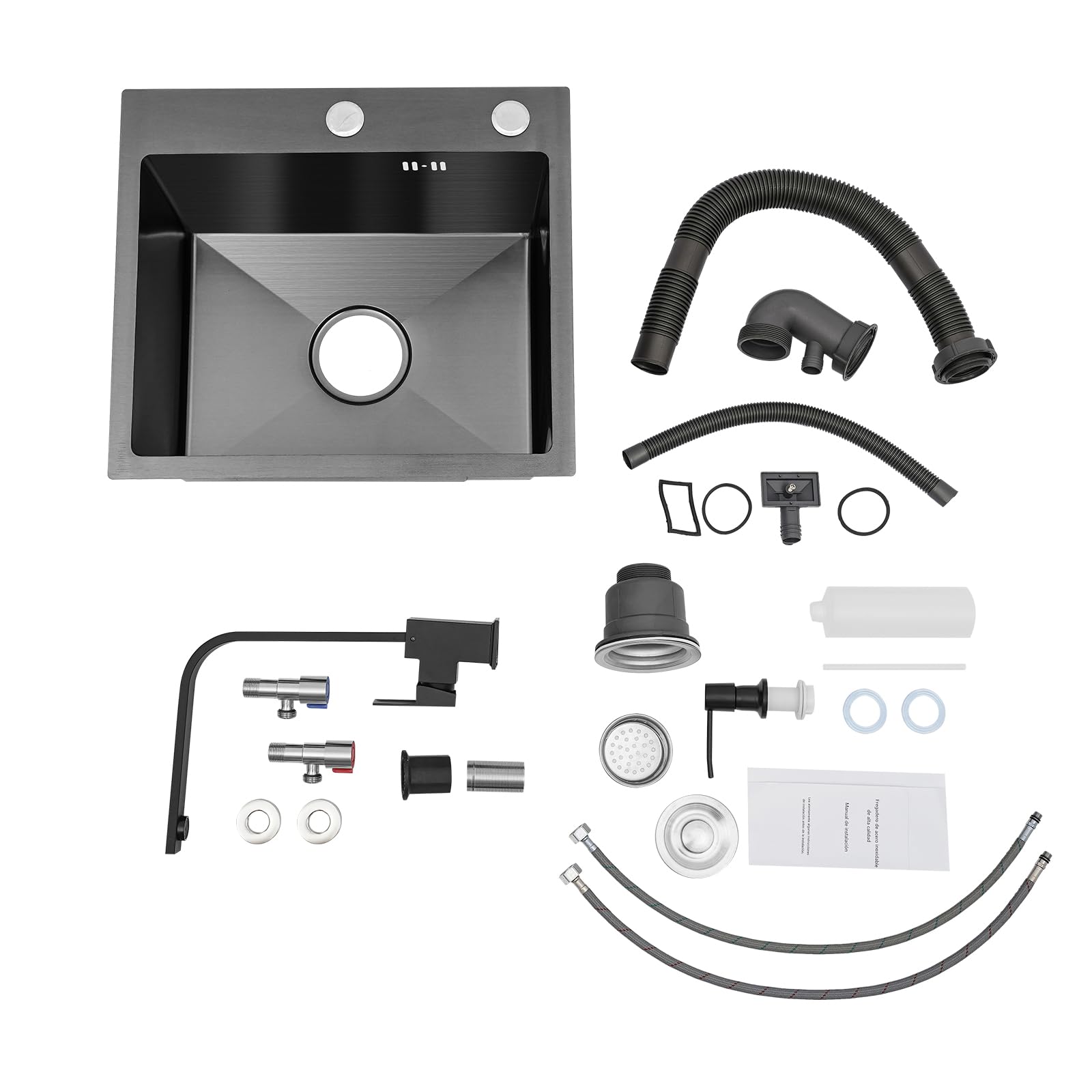 40X45Cm ÉVier Cuisine Evier Inox 1-Bac Avec Savon Egouttoir Panier D'éGouttage Robinet Rotatif Chaude Froide Mobilier Encastré Meubles Kit Encastrer Comptoir Montage Lavabo Moderne Gris noir