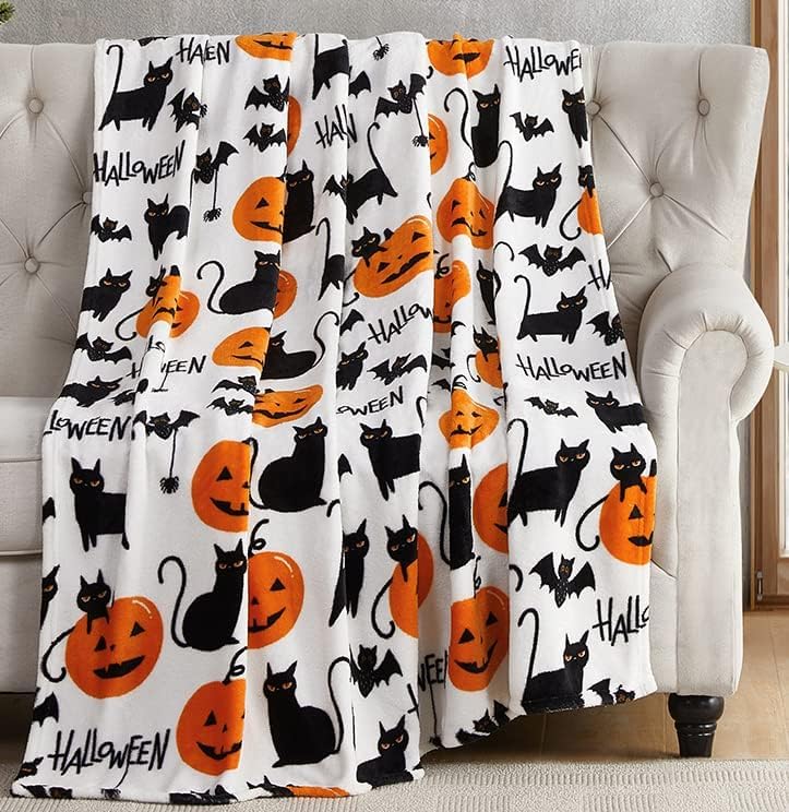Miniatura 2 de Manta de Halloween Gatos negros y Jack O Lantern con estampado de calabaza en forro polar suave para sofá, cama, silla, dormitorio