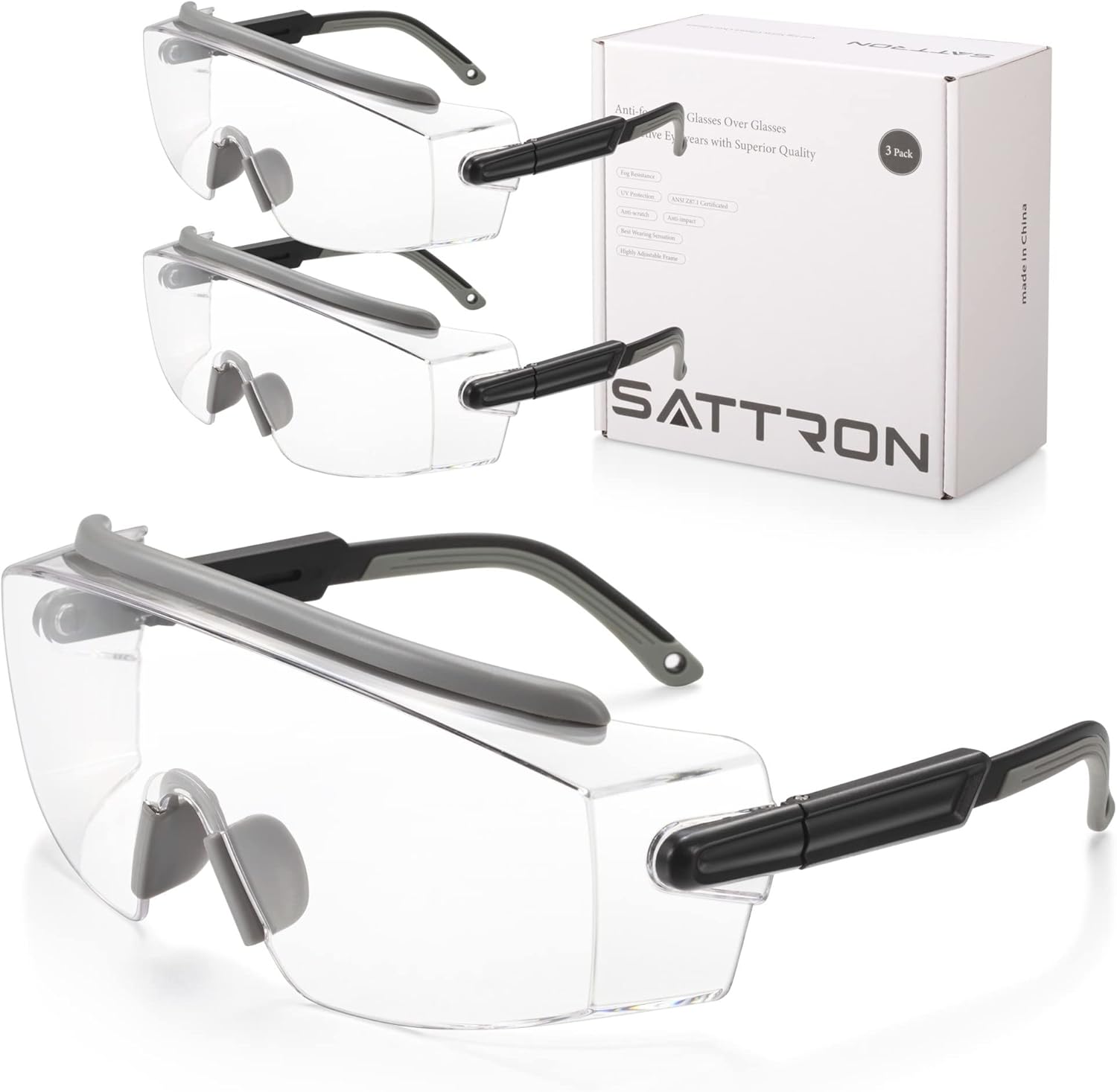 SATTRON 3 Pack Safety Glasses Over Eyeglasses, Protective Eyewear with
