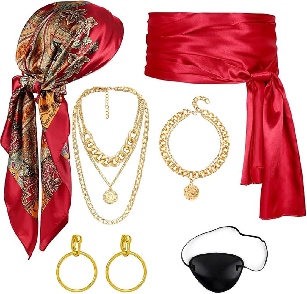 7pcs Women Pirate Costume Accessories for Men Pirate Head Scarf Necklace Belt Dress Accessories Renaissance