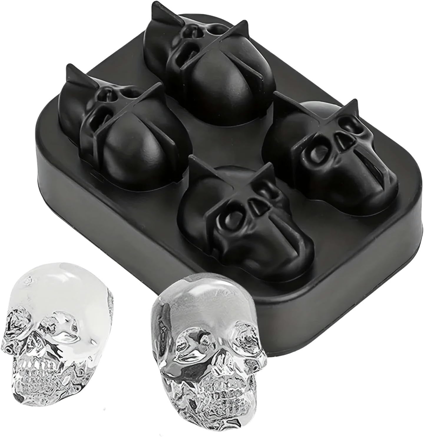 Skull Ice Ball Mold 3D Silicone Tray Cocktails Whiskey Halloween Drinks Horror-Themed Ice Cube Maker-4 Grid-3Pcs