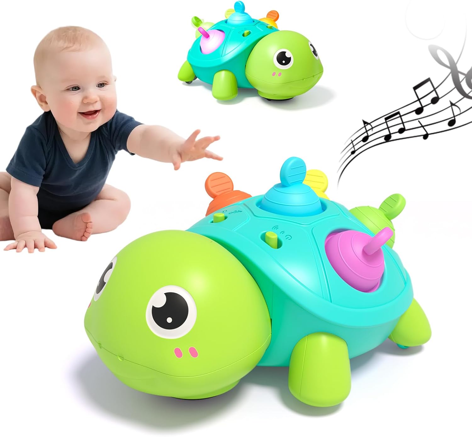 Crawling Turtle Baby Musical Toy for 6-12 Months, Light Up & Walking Crab-Style Motion, Tummy Time & Infant Toys 0-6 7 8 9 12-18 Month, Teether, Soothing Sleep Aid Gift